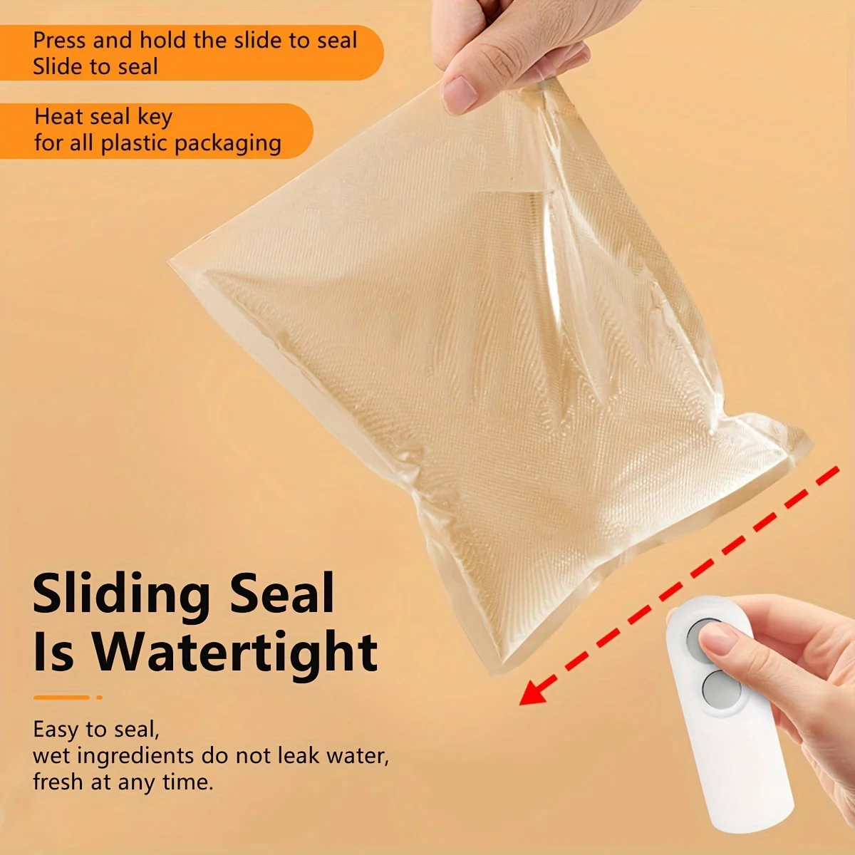 Hand holding up a clear sealed bag of grain, beside a hand holding the mini bag sealer and a red direction arrow