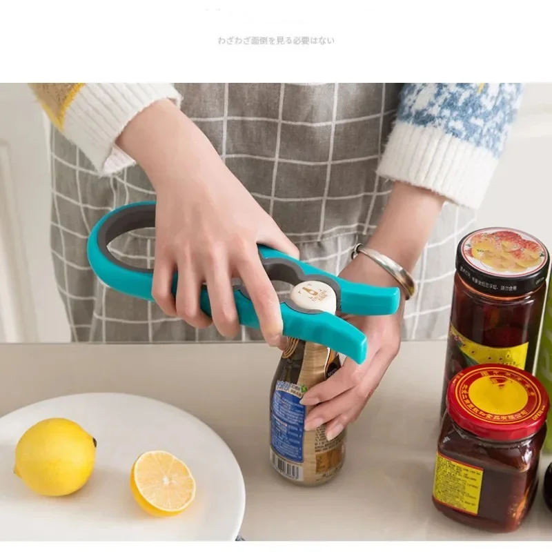 Using the 4-in-1 jar opener to twist the cap off a tall bottle in a kitchen