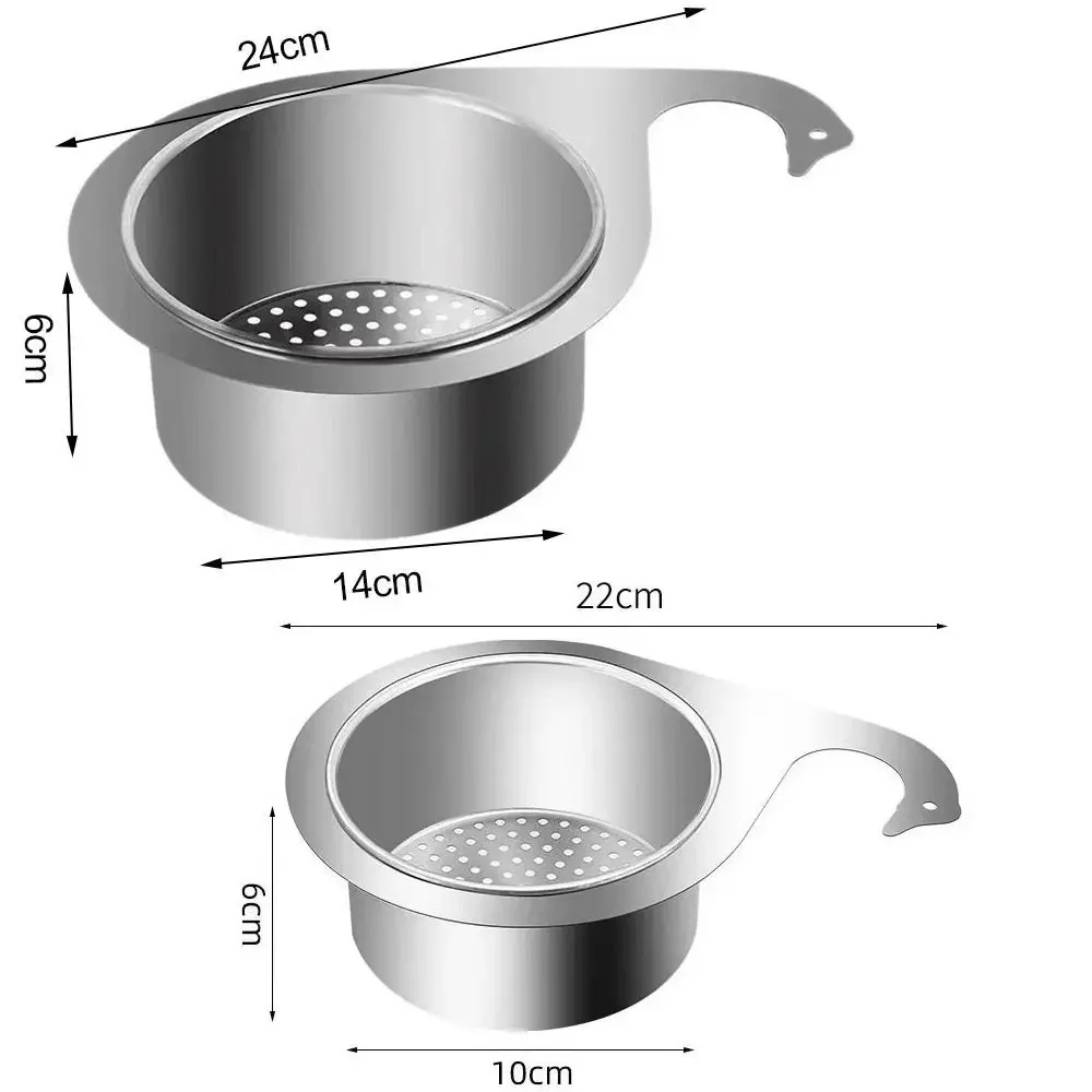 Dimension diagram of the strainer basket: large 14 cm across, small 10 cm across, both 6 cm deep