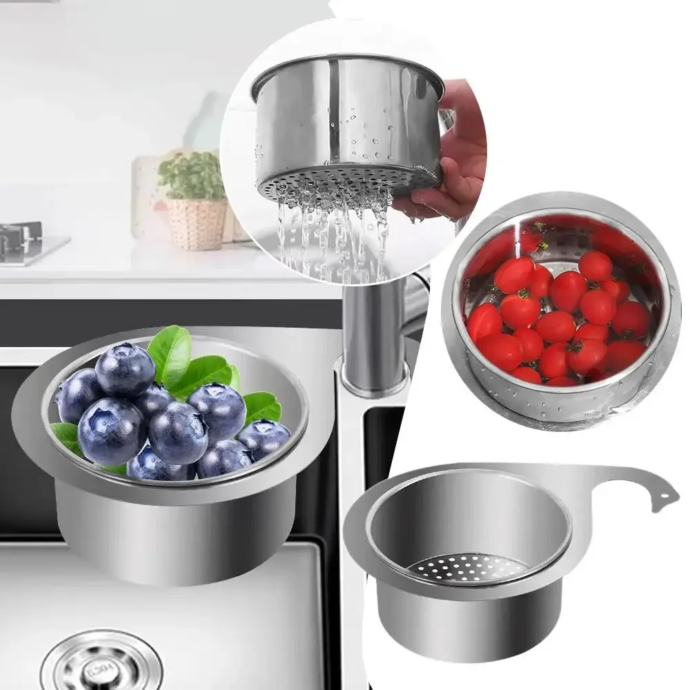Sink strainer basket used to rinse blueberries and cherry tomatoes, with water draining through the perforated base