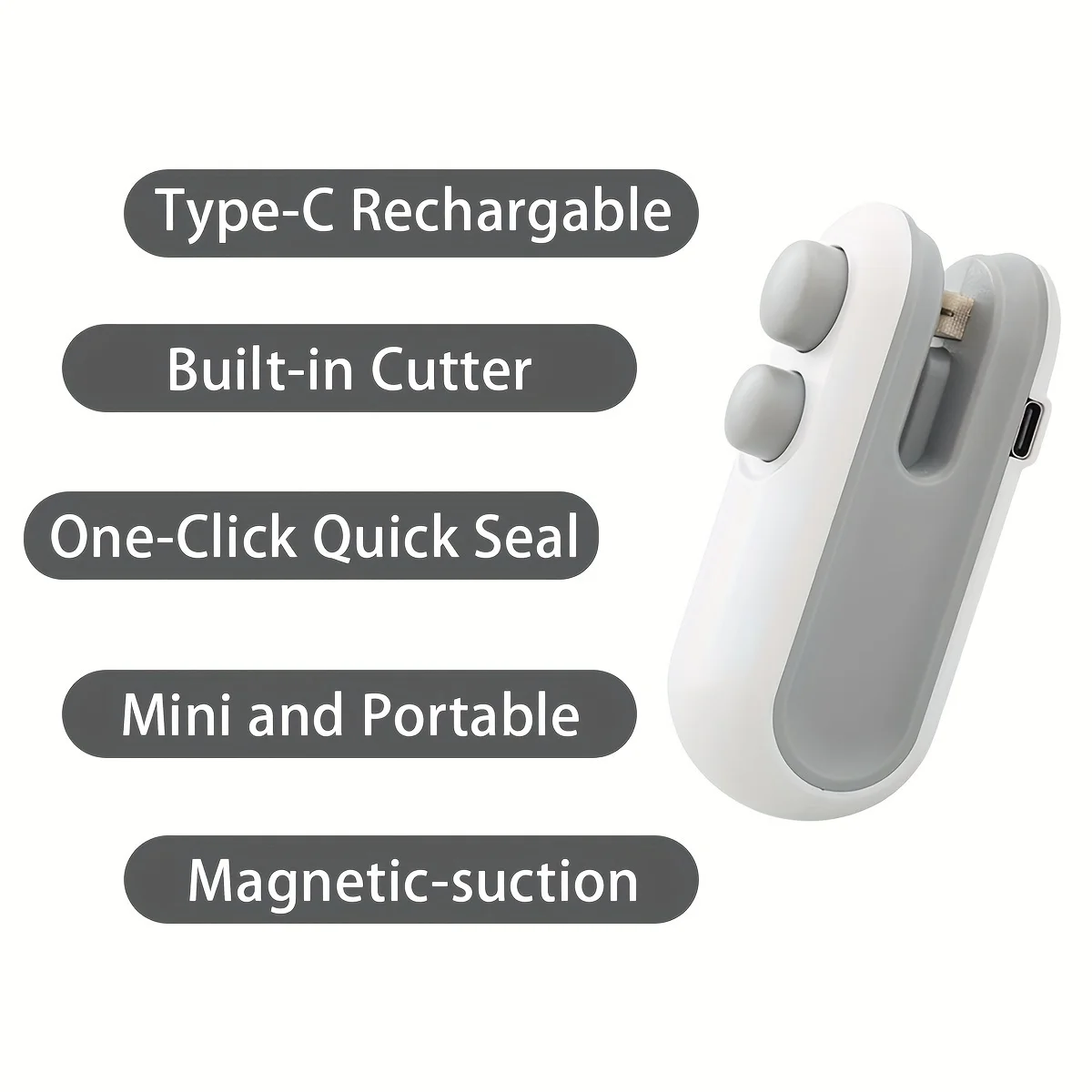 White mini bag sealer with labels reading Type-C rechargeable, built-in cutter, one-click quick seal and magnetic suction