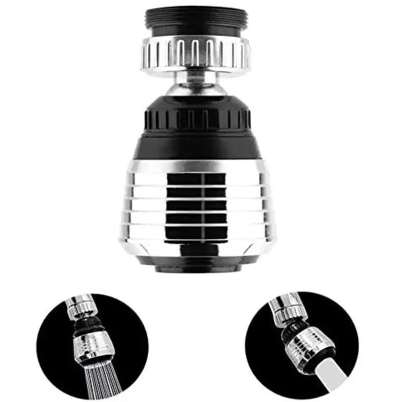Close-up of the short chrome and black swivel faucet extender head, with insets showing its spray and single-stream modes