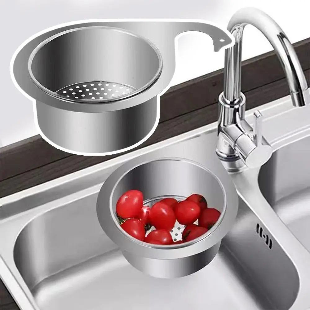 Sink strainer basket holding cherry tomatoes in a round sink opening beside the tap, with a large product cutout above