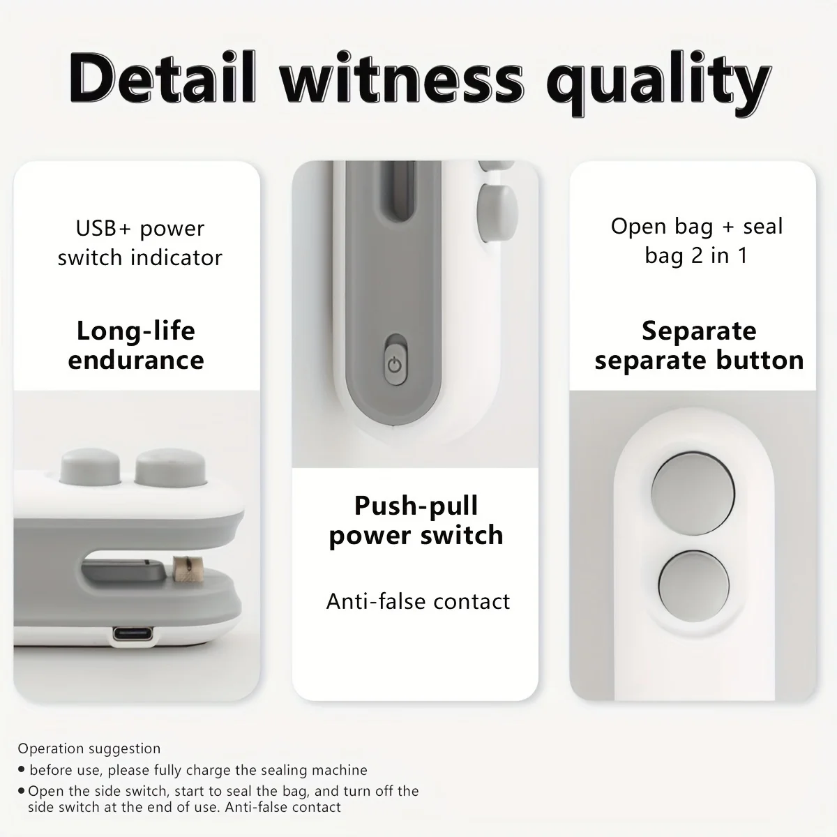 Detail panel showing the sealer's USB power switch indicator, push-pull power switch and separate seal and open buttons
