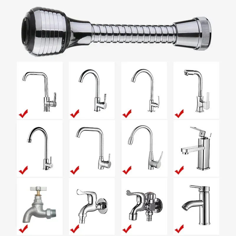 Long gooseneck faucet extender above a compatibility chart of twelve common tap shapes marked with red ticks