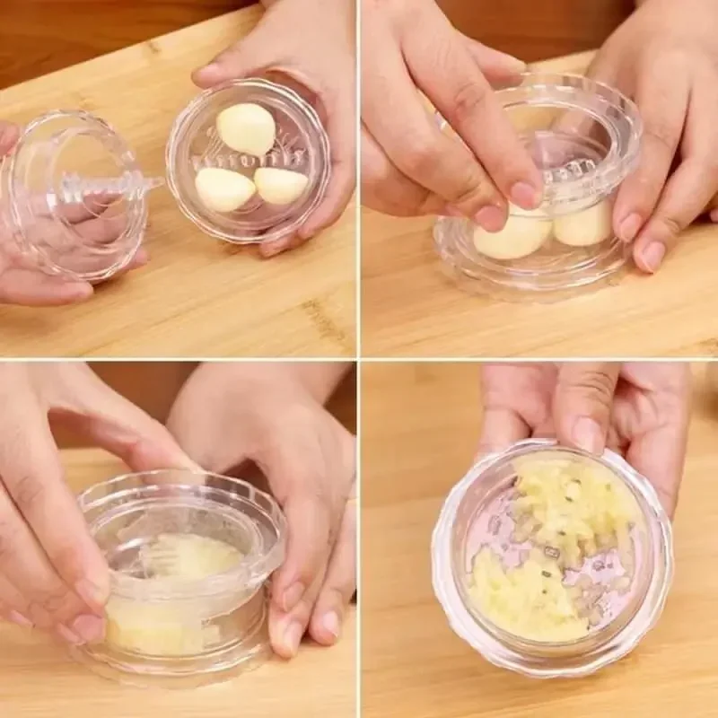 Four steps: cloves added to the clear garlic crusher, the lid fitted and twisted, and the minced garlic left in the base