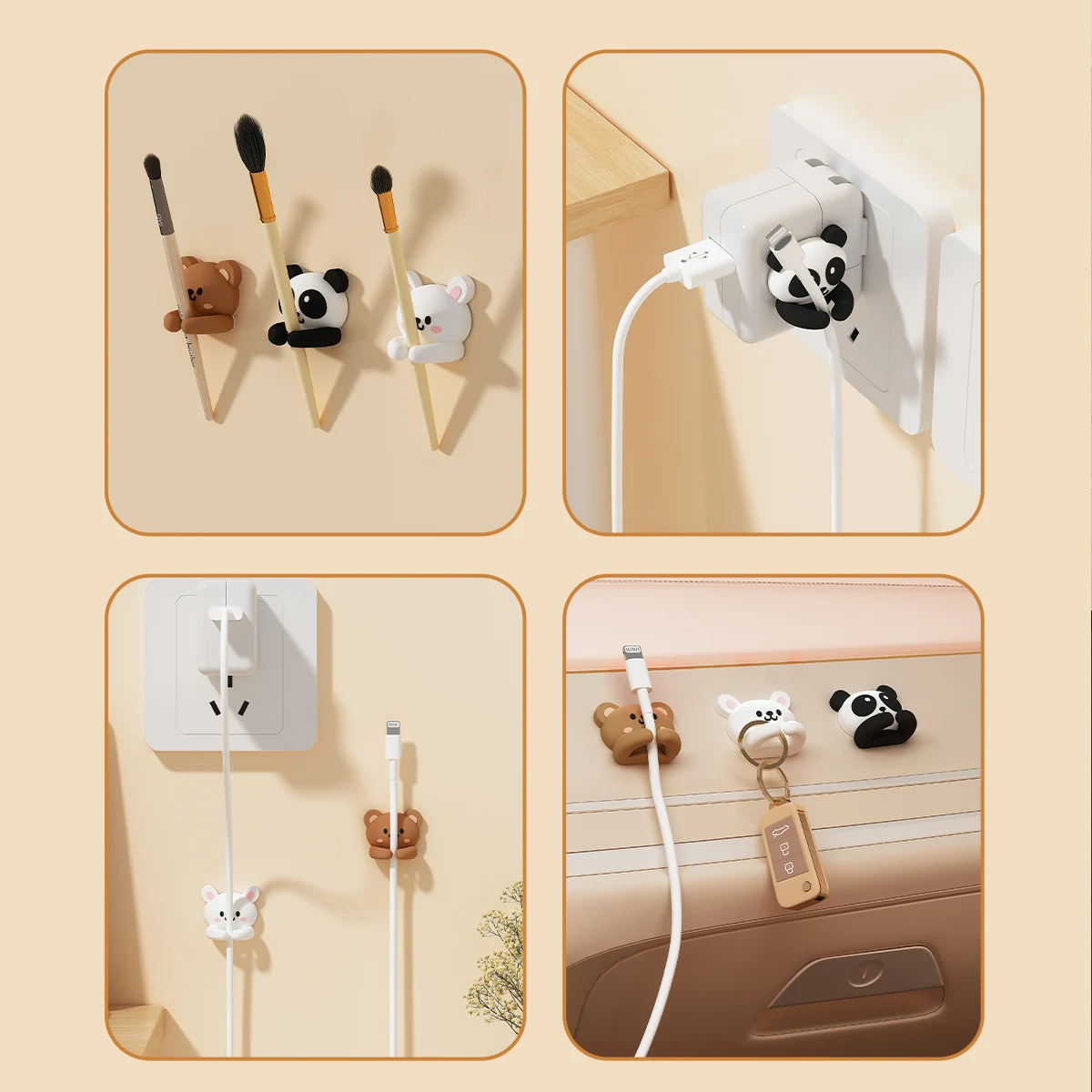 Four panels showing the animal clips holding makeup brushes, a charger at a wall socket, cables by a plug and clips in a car