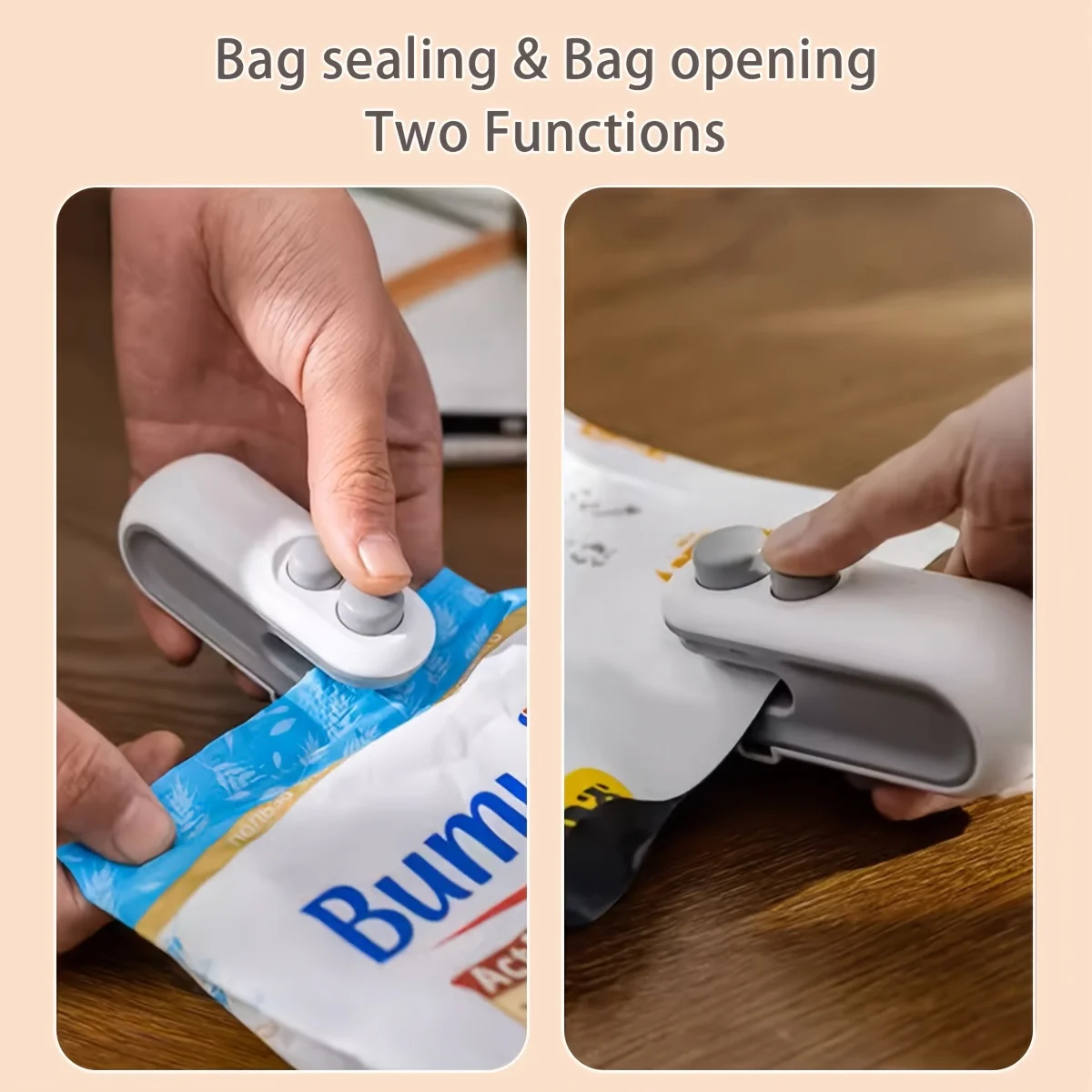 Two photos of the mini bag sealer sealing a blue snack packet and slicing a bag open, headed Bag sealing and bag opening