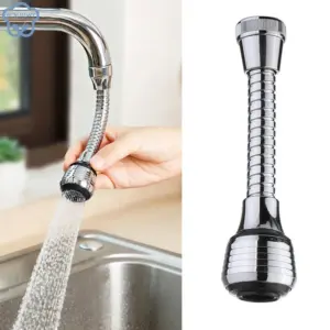 Flexible chrome faucet extender on a kitchen tap with water running, next to a product shot of the long gooseneck version