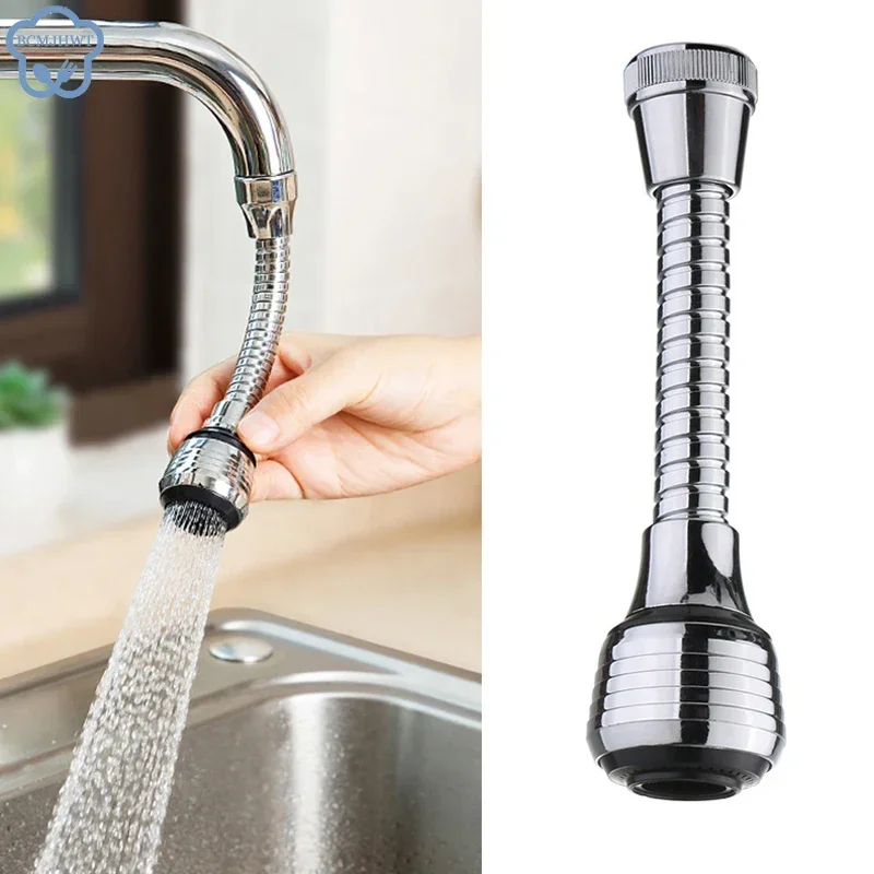 Flexible chrome faucet extender on a kitchen tap with water running, next to a product shot of the long gooseneck version