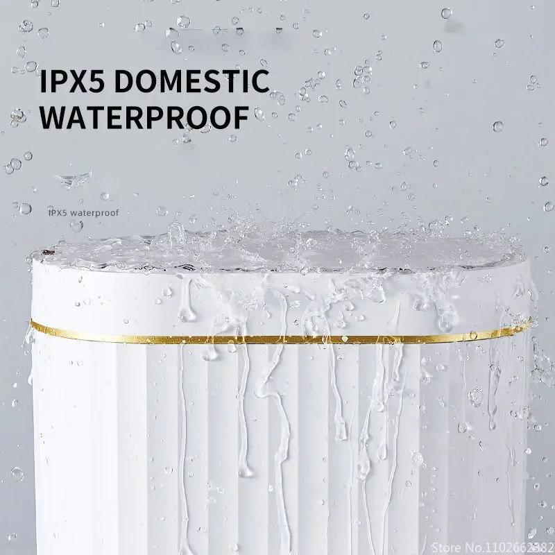 Water running down the fluted white body and gold band of the bin, illustrating its IPX5 splash rating