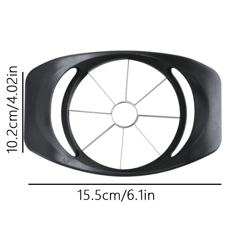 Dimension diagram of the apple slicer showing 15.5 cm / 6.1 in width and 10.2 cm / 4.02 in depth