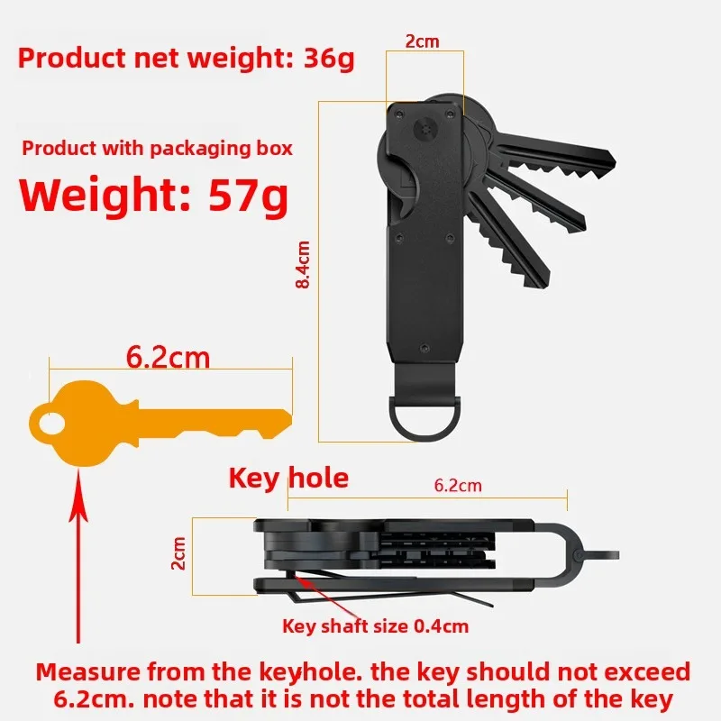 Diagram giving 36 g net weight, an 8.4 cm by 2 cm body and a 6.2 cm maximum key length measured from the keyhole