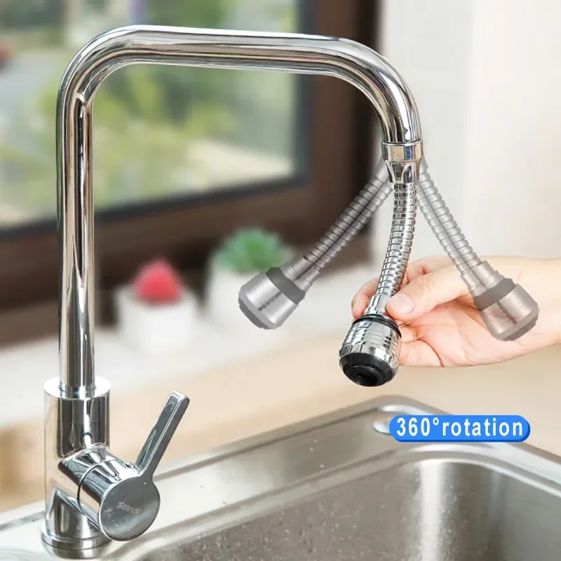 Hand swinging the long flexible faucet extender across a kitchen sink, with 360 degree rotation marked on the image