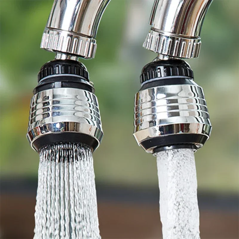 Two taps side by side showing both modes: a wide soft spray on the left and a single aerated column on the right