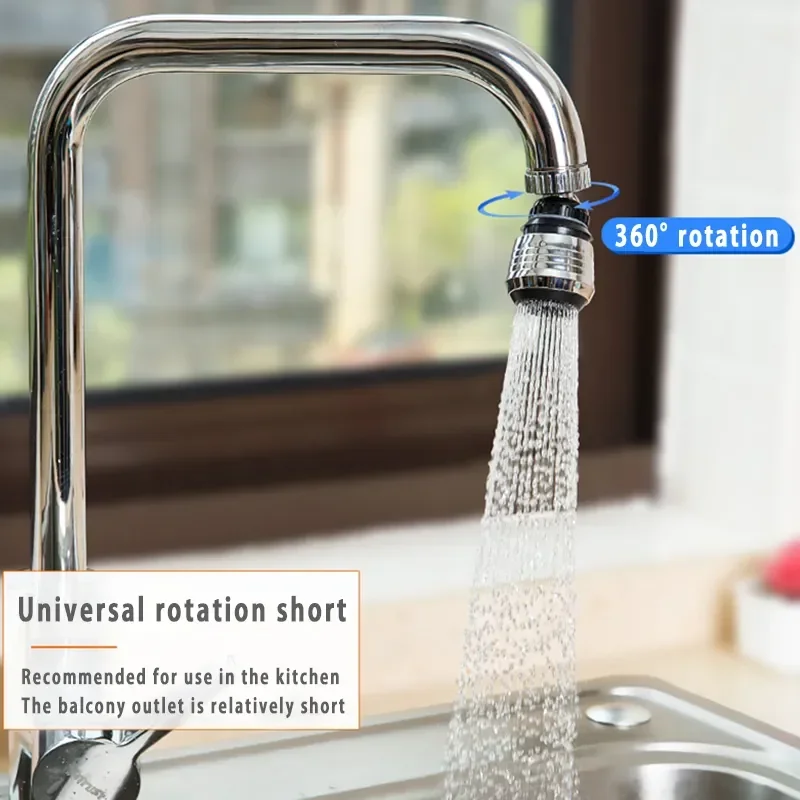 Short swivel faucet extender fitted to a kitchen tap with water running, labelled Universal rotation short and 360 rotation